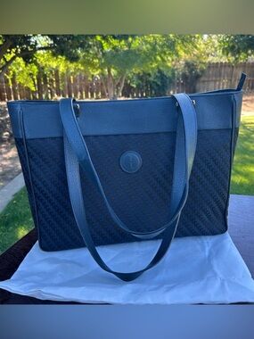 Gucci Navy Blue GG Monogram Tote Bag with Blue Leather Trim